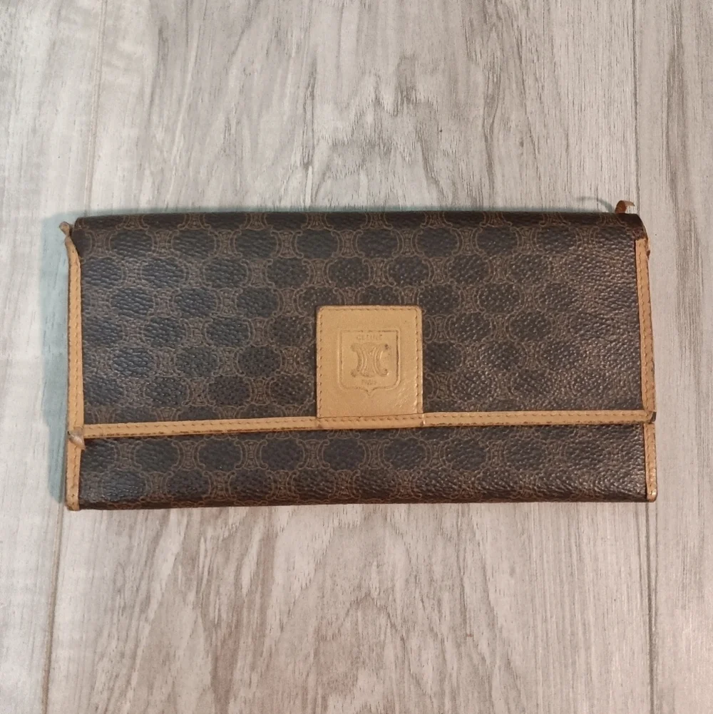 Authentic, Celine Canvas Brown Macadam Long Bi-fold Wallet